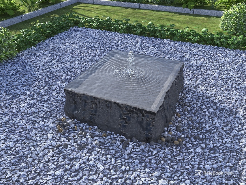 Square Stone Water Fountain Garden Ornament With Gravel Base And Surrounding Greenery 3d model 