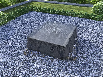 Square Stone Water Fountain Garden Ornament With Gravel Base And Surrounding Greenery 3d model