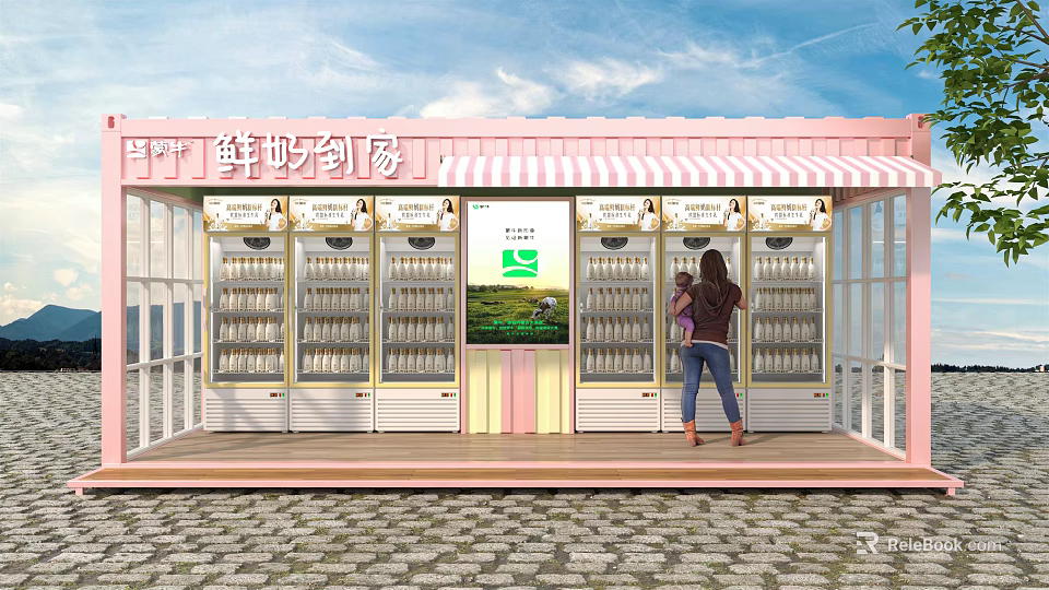 Fresh Milk Convenience Store With Display Fridges And Woman Child Shopping 3d model 