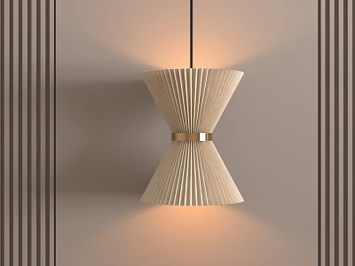 Modern Pleated Pendant Light With Golden Band Hanging On Beige Vertical Striped Wall 3d model
