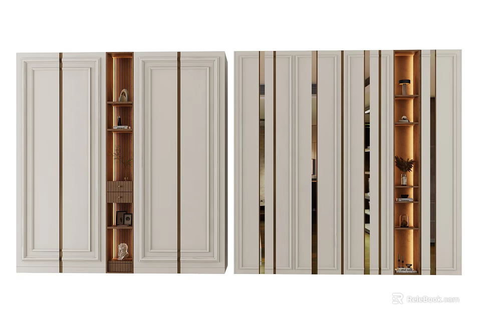 Modern Light Colored Wardrobe With Sliding Doors And Open Storage Shelves 3d model 