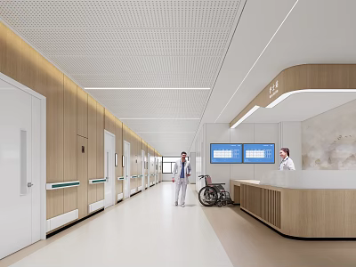 Hospital Outpatient Clinic Corridor Featuring Nurse Station Wheelchair Medical Staff Wooden Walls And Electronic Screens 3d model