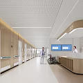 Hospital Outpatient Clinic Corridor Featuring Nurse Station Wheelchair Medical Staff Wooden Walls And Electronic Screens