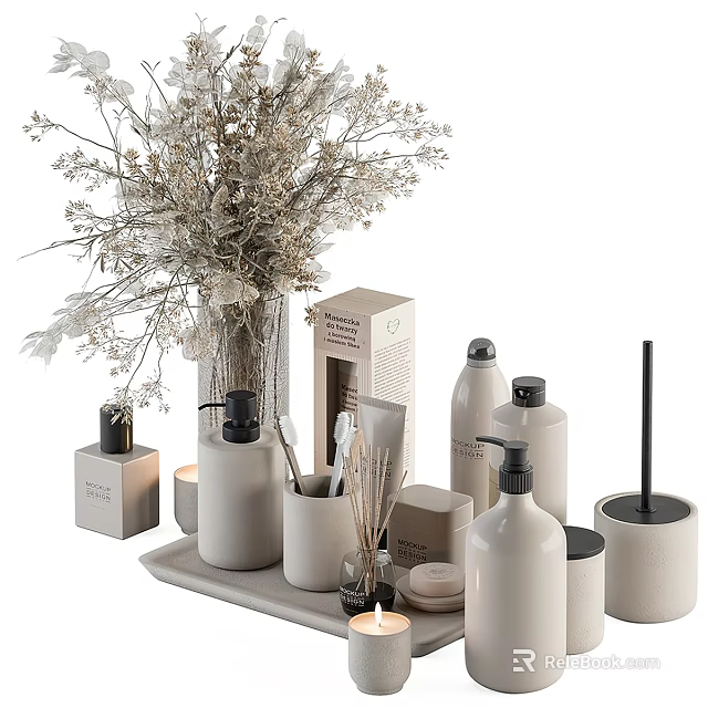 Bathroom Accessories Set With Dried Flowers Tray Bottles And Candle 3d model 