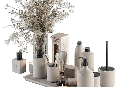 Bathroom Accessories Set With Dried Flowers Tray Bottles And Candle 3d model
