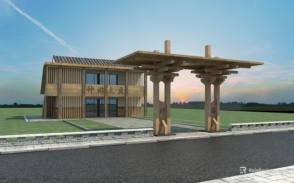 Shenhu Avenue Wooden Entrance Building With Roof Pillars Grassland And Sunset Sky 3d model 