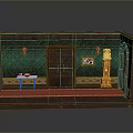 Vintage Interior Scene Model With Green Walls Brown Door Red Carpet And Grandfather Clock