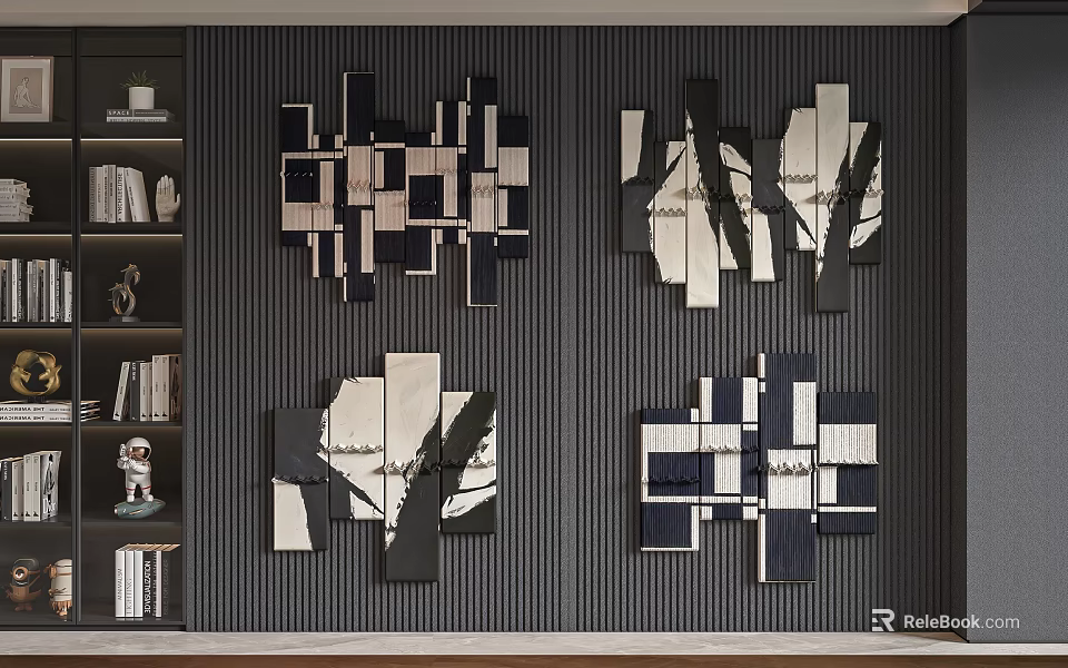 Modern Black And White Geometric Wall Decor With Multiple Pieces On Dark Wall And Bookshelf 3d model 