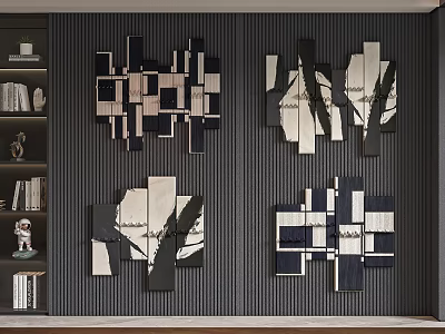 Modern Black And White Geometric Wall Decor With Multiple Pieces On Dark Wall And Bookshelf 3d model