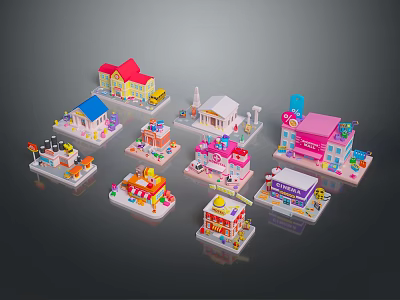 Colorful Building Block Models Featuring Various Miniature Architectural Structures and Detailed Designs 3d model