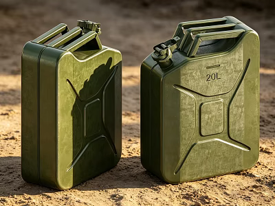 Industrial Equipment Green 20L Jerry Cans Placed On Sandy Ground Surface 3d model