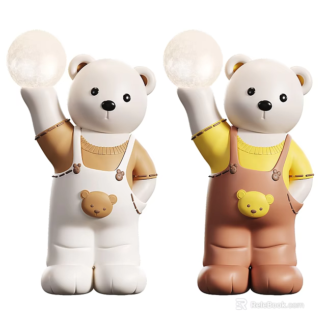 Cute Bear Dolls Holding Glowing Balls Wearing White Brown Overalls With Small Bear Motifs 3d model 