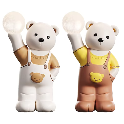 Cute Bear Dolls Holding Glowing Balls Wearing White Brown Overalls With Small Bear Motifs 3d model
