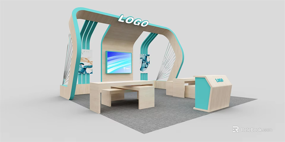 Modern Exhibition Display Shelves With Curved Design Light Blue Wooden Elements And Screen 3d model 