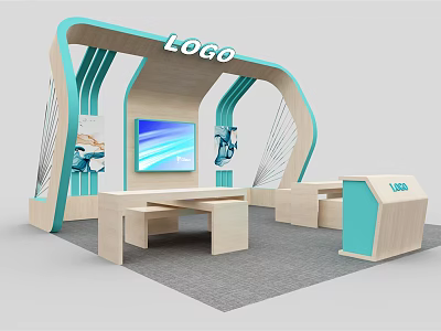 Modern Exhibition Display Shelves With Curved Design Light Blue Wooden Elements And Screen 3d model