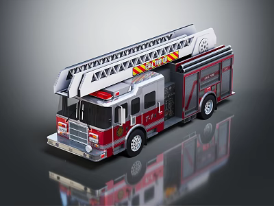 Red And Silver Fire Truck With Extended Ladder And Reflective Surface 3d model