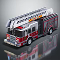 Red And Silver Fire Truck With Extended Ladder And Reflective Surface