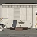 Modern Living Room With White Curved Sofa Gray Throw Brown Coffee Table Gold Floor Lamp