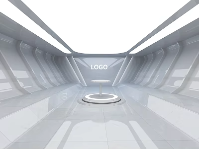 Modern White Exhibition Hall Interior With Central Platform And Logo Display Design 3d model