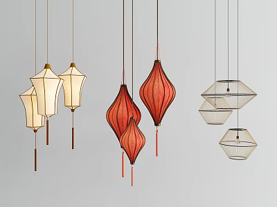 Red and White Hanging Lanterns with Modern Traditional Design for Home Decor 3d model