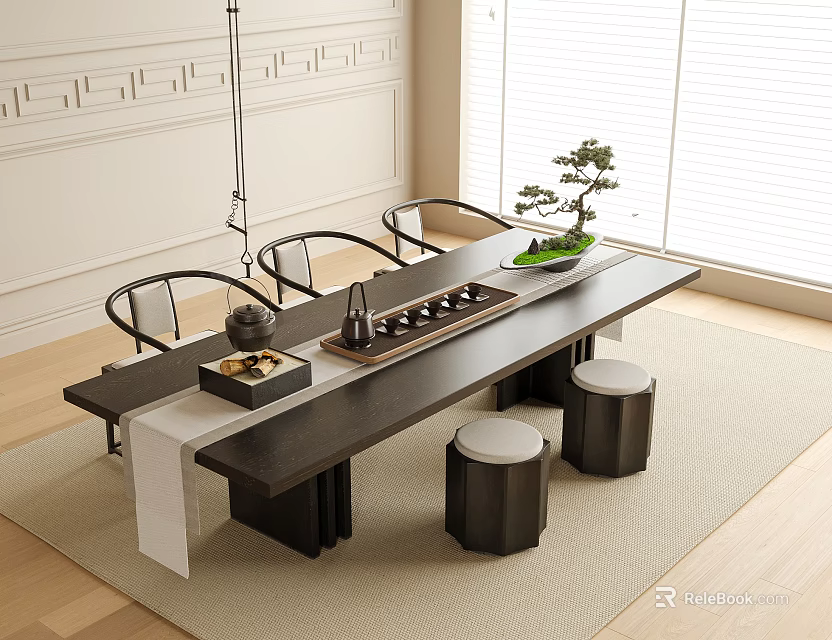 Modern Tea Table and Chairs with Bonsai Plant Tea Set and Stools in Bright Room 3d model 