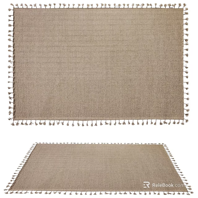 Neutral Beige Square Rug With Woven Texture And Tassel Edges For Modern Home Decor 3d model 