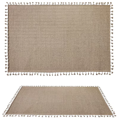 Neutral Beige Square Rug With Woven Texture And Tassel Edges For Modern Home Decor 3d model