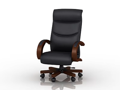 High Back Ergonomic Black Leather Office Chair With Wooden Armrests And Wheels 3d model