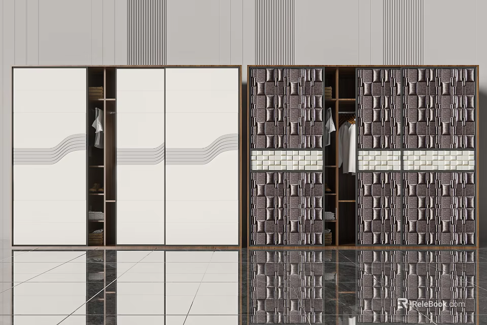 Modern Wardrobe Design With White Wavy Pattern Doors And Dark Geometric Panels 3d model 