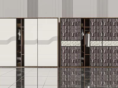 Modern Wardrobe Design With White Wavy Pattern Doors And Dark Geometric Panels 3d model