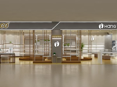 Modern Retail Store Interior Design With Glass Display Shelves And Decorative Plants 3d model
