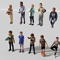 Group of Children in Different Poses with Toys Skateboard Soccer Ball and Drawing Board
