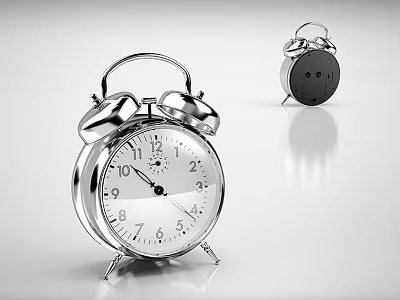 Metallic Alarm Clocks With Twin Bells On White Background And Reflections 3d model