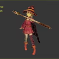 Fantasy Witch Character In Red Cloak With Pointed Hat Magic Staff And Orange Boots