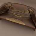 Modern Two Seater Sofa With Brown And Gold Pleated Upholstery And Curved Armrests