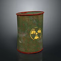 Green Cylindrical Container with Red Rimmed Edges and Yellow Circular Design Featuring Two Figures