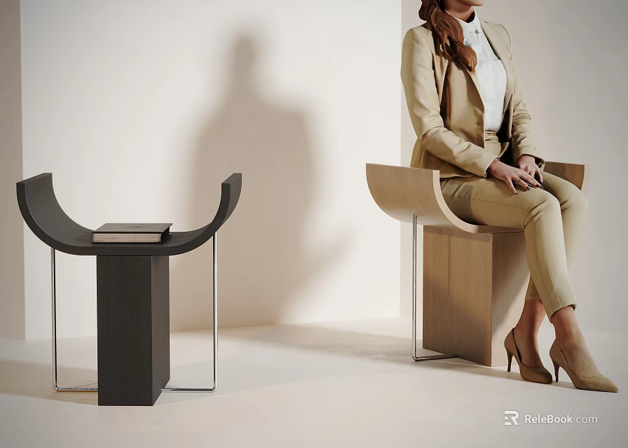 Modern Curved Wooden Stool with Woman Sitting and Black Curved Stool with Books Near White Wall 3d model 