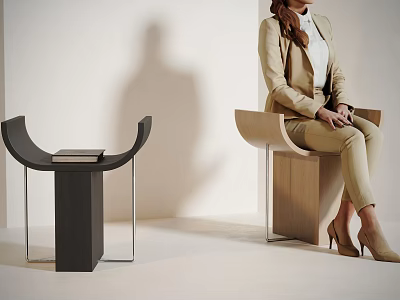 Modern Curved Wooden Stool with Woman Sitting and Black Curved Stool with Books Near White Wall 3d model