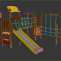 Wooden Playground Equipment With Yellow Slide Red Climbing Net And Platforms