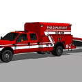 Red Fire Department Emergency Truck Towing Rescue Boat In Industrial Warehouse