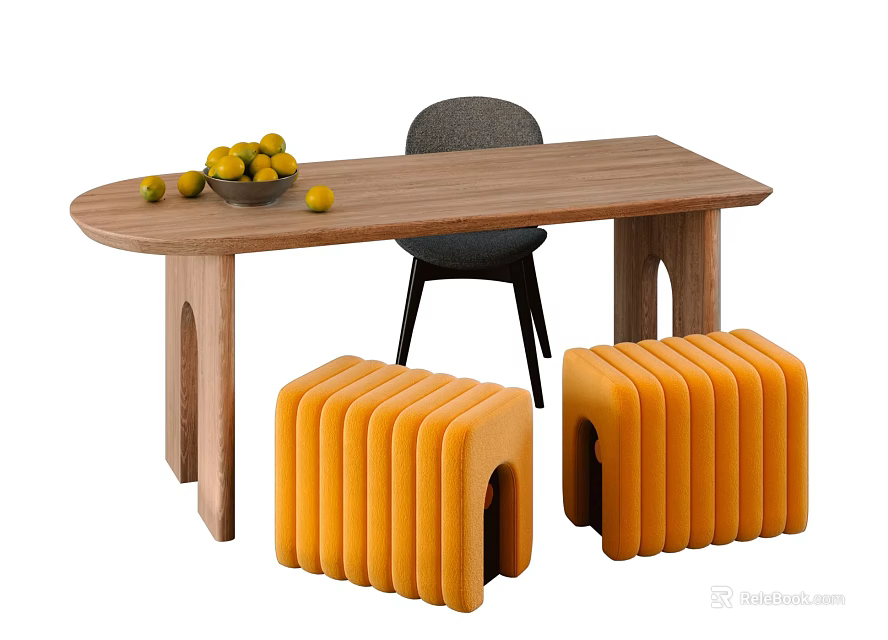 Wooden Dining Table Set with Grey Chair Two Yellow Benches and Bowl of Lemons 3d model 