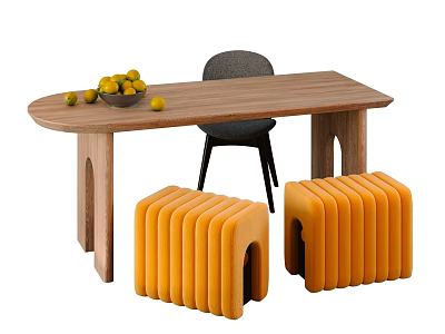 Wooden Dining Table Set with Grey Chair Two Yellow Benches and Bowl of Lemons 3d model