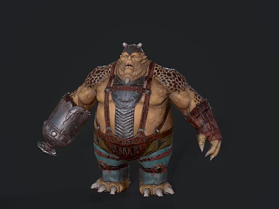 Large Horned Game Movie Character Featuring Scaly Armor Muscular Arms Holding Barrel And Decorative Pants 3d model
