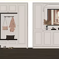 Modern White Shoe Cabinet Design With Hanging Hooks Bench And Decorative Mirror 3d model