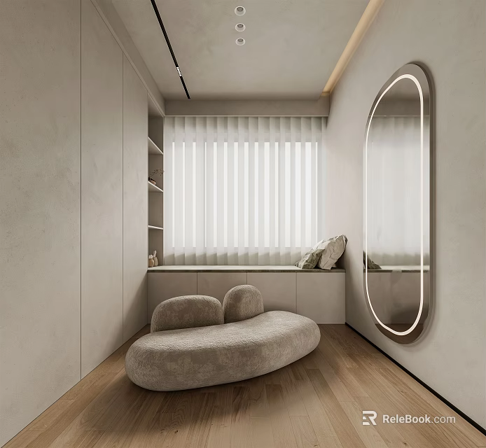Elegant Modern Cloakroom With Wooden Flooring Round Sofa Large Mirror White Curtains And Built-in Cabinets 3d model 