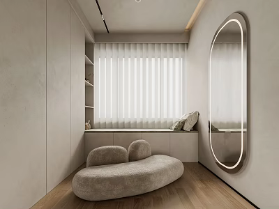 Elegant Modern Cloakroom With Wooden Flooring Round Sofa Large Mirror White Curtains And Built-in Cabinets 3d model