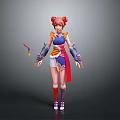 Woman In Mythical Costume With Red Hair Buns Dagger And Armor Sleeves