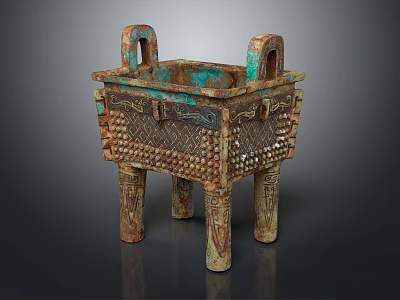 Ancient Bronze Ding With Intricate Patterns Two Handles And Four Legs 3d model