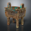Ancient Bronze Ding With Intricate Patterns Two Handles And Four Legs 3d model