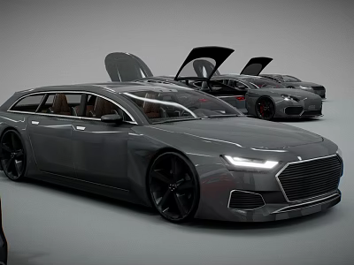 Modern Gray Wagon Car With Open Doors And Sleek Design In Row 3d model